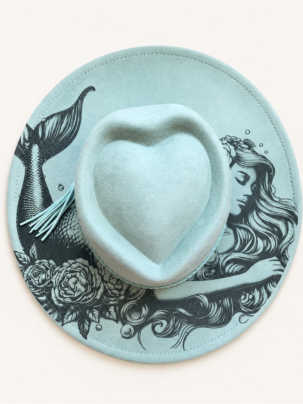 Heart Crown Teal Vegan Suede Cowboy Hat with Mermaid Print Adjustable Fit